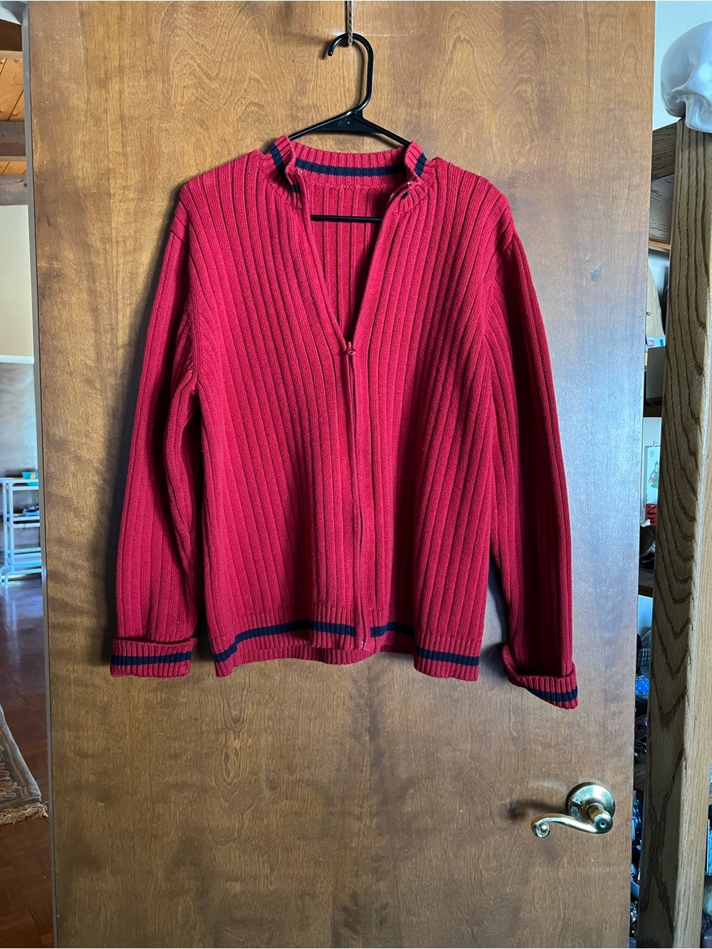 Women's Red Ribbed Zip-Front Cardigan with Navy Trim